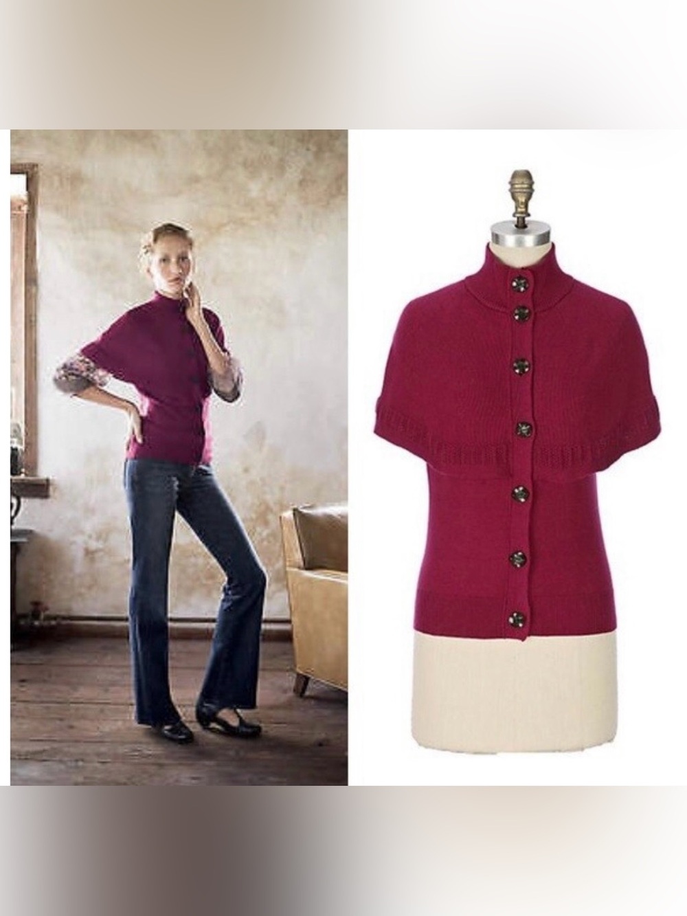 Anthropologie Moth Magenta Sleeveless Caped Cardigan Top
